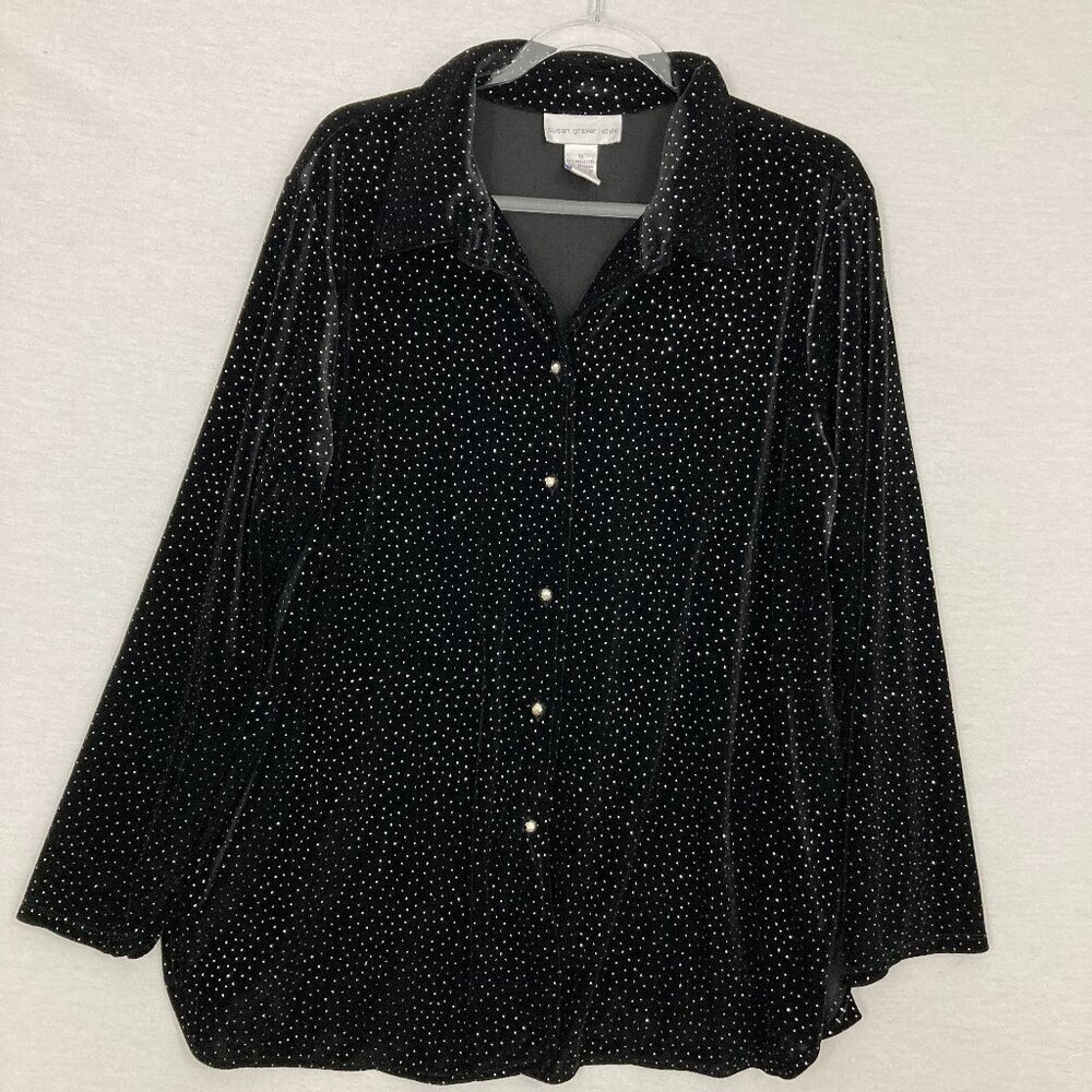 Susan Graver Black Velvet Embellished Button Down 1X Evening Sparkling Festive